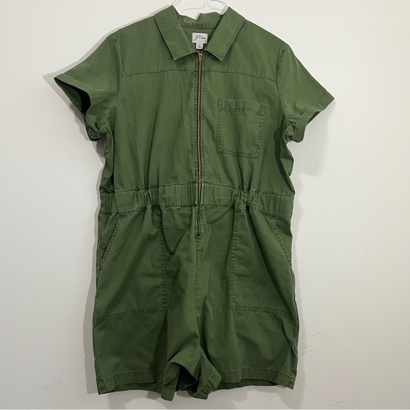 J. crew Green Jumpsuit Denim Short Plus Sz 18 Minimalist Preppy Utility Pockets - Picture 1 of 16